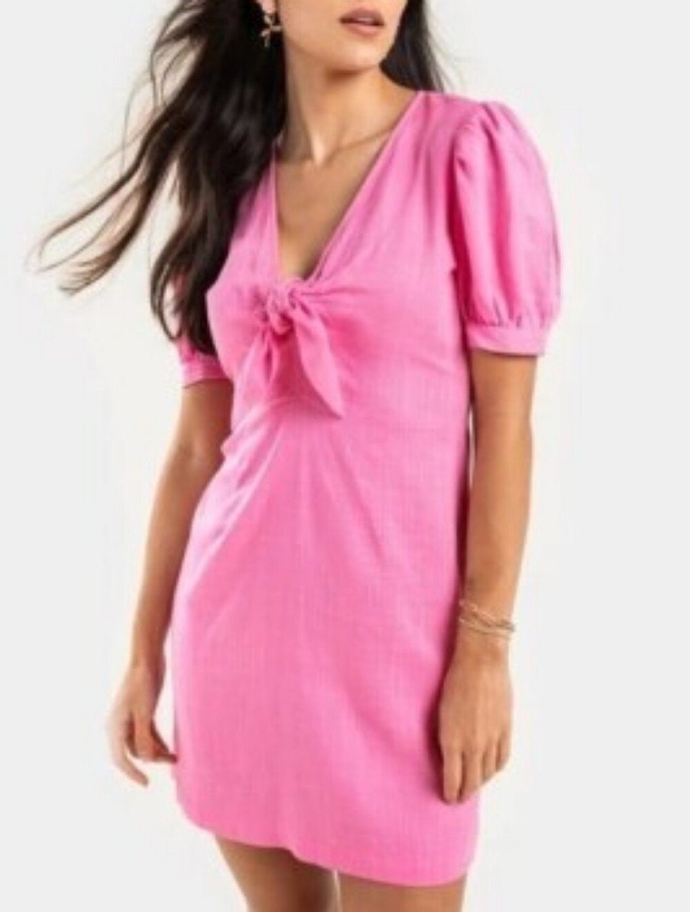 miami Pink V-Neck Tie-Front Puff Sleeve Mini Dress Size Small